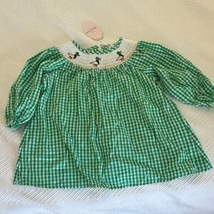 Green Gingham Smocked Kids Blouse with Duck Embroidery